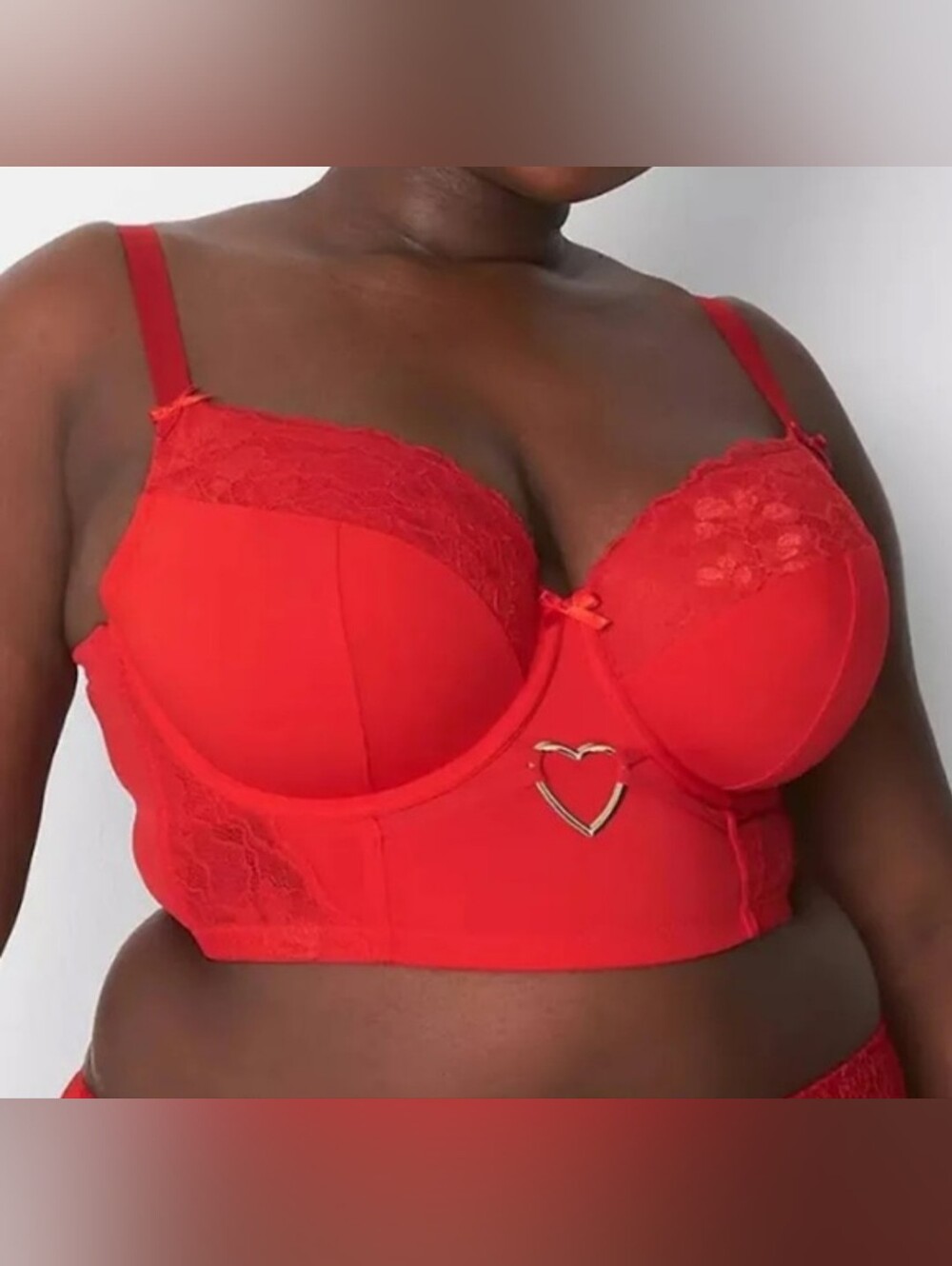 Red Lace Longline Underwire Bra with Heart Accent